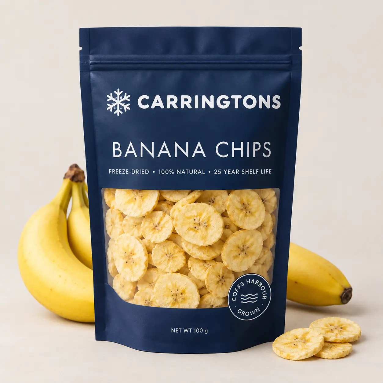 Banana chips CARRINGTONS packaging mockup